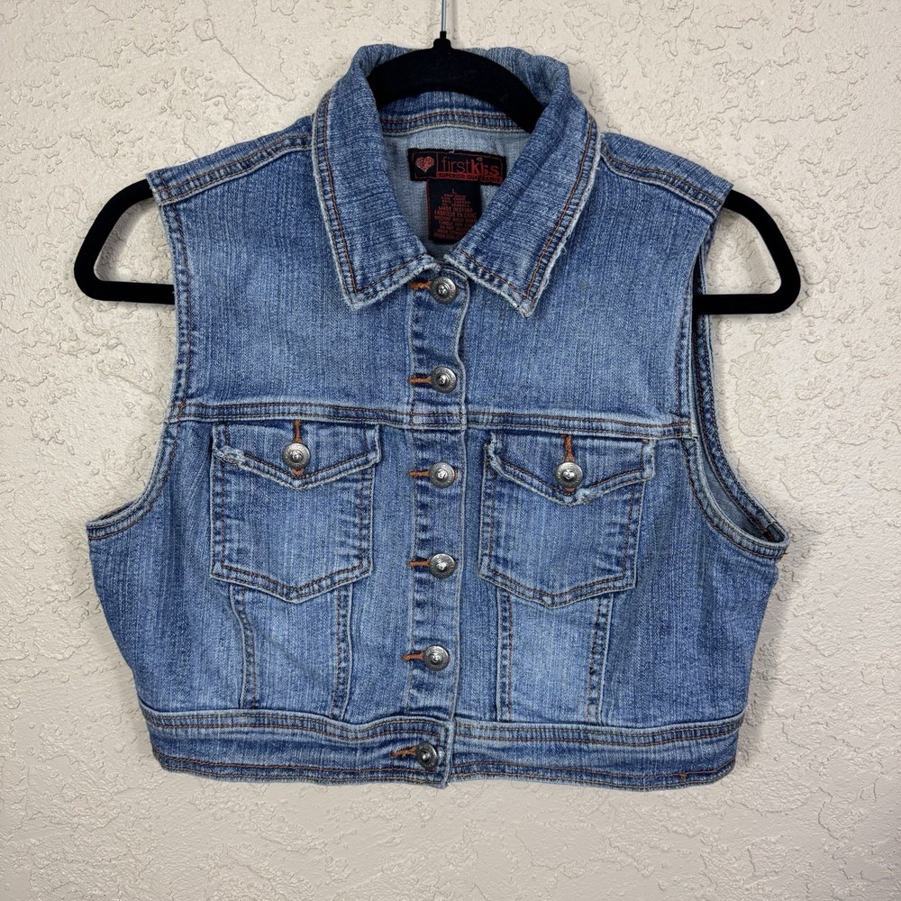 VTG First Kiss Cropped Denim Vest Womens L Distressed Boho Festival Rodeo Retro